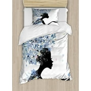 Ambesonne Retro Duvet Cover Set, Flower Haired Snowflakes, Twin, Slate Blue and Black