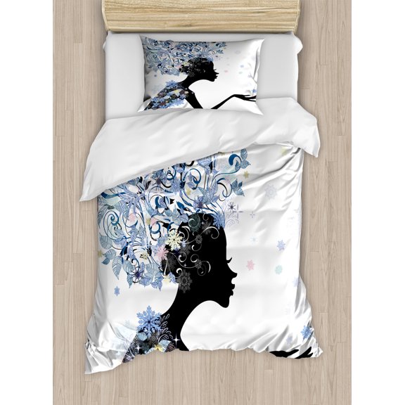 Ambesonne Retro Duvet Cover Set, Flower Haired Snowflakes, Twin, Slate Blue and Black