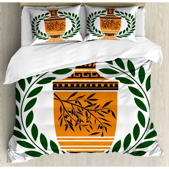 Ambesonne Retro Duvet Cover Set, Greek Vase Laurel, Calking, Hunter Green Orange