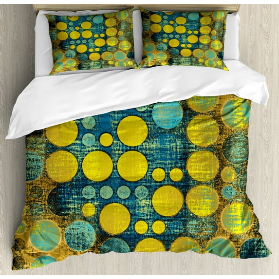 Ambesonne Retro Duvet Cover Set, Groovy Polka Dots 60s, 2-Calking, Green Blue