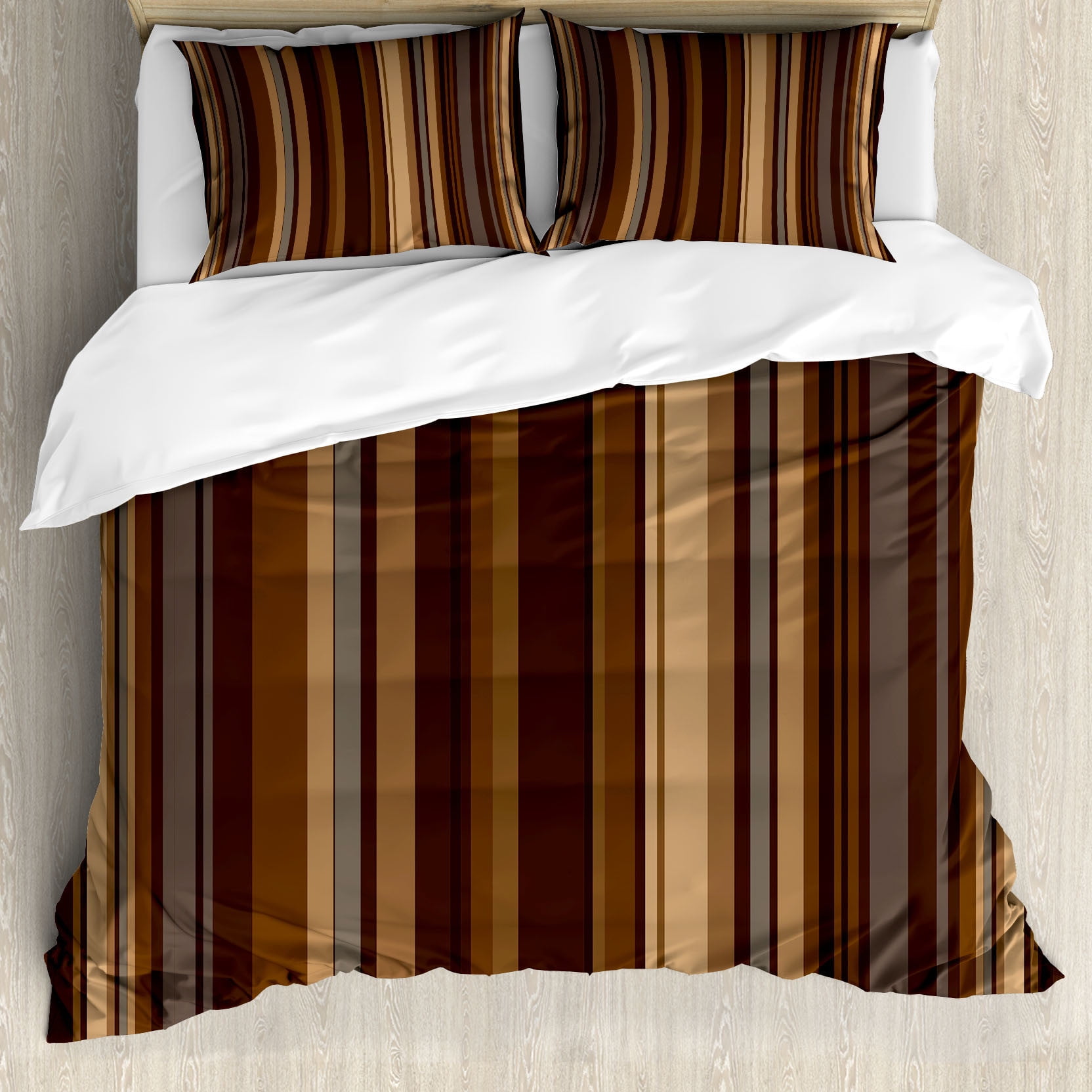 Tan and Brown Striped Queen Duvet Cover Set with Pillow Shams