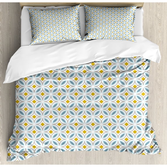 Ambesonne Retro Duvet Cover Set, Vintage Colored Circle Motifs, 2-Calking, White Mustard Blue Grey