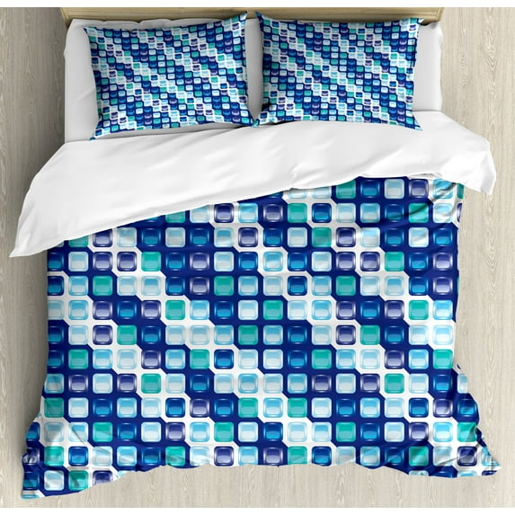 Ambesonne Retro Duvet Cover Set, Vintage Mosaics Squares, 2-Calking, Pale Blue Dark Blue