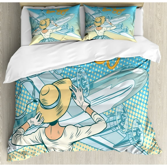 Ambesonne Retro Duvet Cover Sets, Aircraft Pop Art, 2-Queen, Pale Blue Yellow