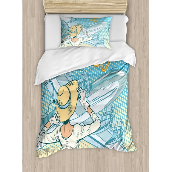 Ambesonne Retro Duvet Cover Sets, Aircraft Pop Art, 2-Twin, Pale Blue Yellow