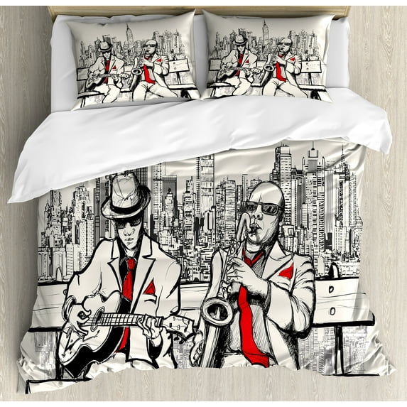 Ambesonne Retro Duvet Cover Sets, Beats in New York Night, 2-Queen, Red Black Ecru