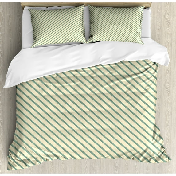Ambesonne Retro Duvet Cover Sets, Bias Green Stripes, 2-Queen, Jade Green and Cream