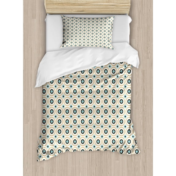 Ambesonne Retro Duvet Cover Sets, Circles Spots Colorful, 2-Twin, Sky Blue Black Amber