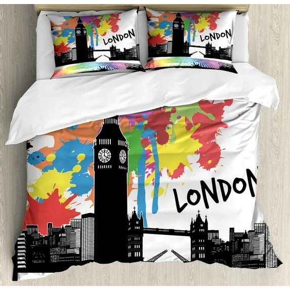 Ambesonne Retro Duvet Cover Sets, Colorful London City View, 2-King, Multicolor