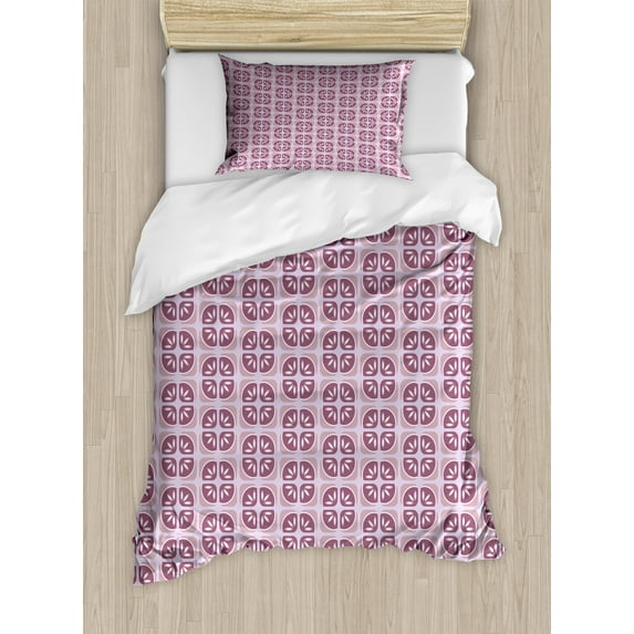 Ambesonne Retro Duvet Cover Sets, Cubic Floral Motifs Graphic, 2-Twin, Purple Mauve Taupe