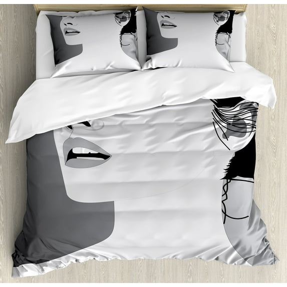 Ambesonne Retro Duvet Cover Sets, Digital Girl, 2-Queen, Black Grey