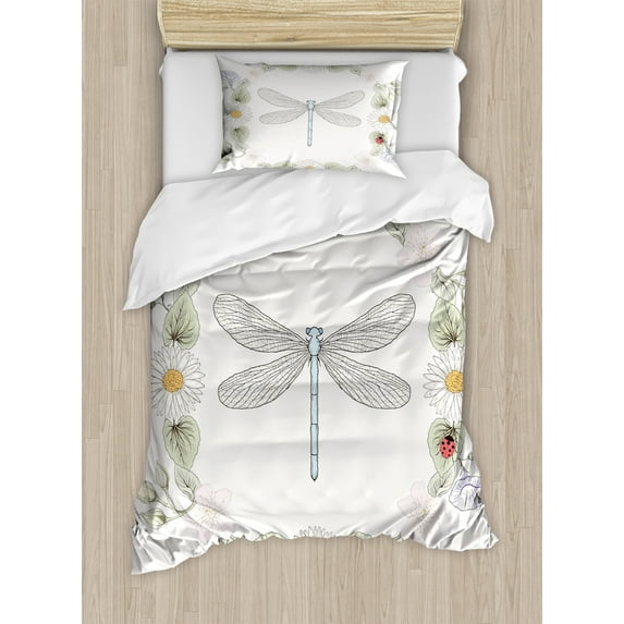 Ambesonne Retro Duvet Cover Sets, Farm Life Theme Dragonfly, 2-Twin, Lilac Green