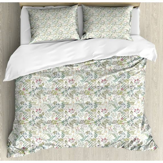 Ambesonne Retro Duvet Cover Sets, Flowers Herbs and Leaves Eco, 2-King, Off White Multicolor