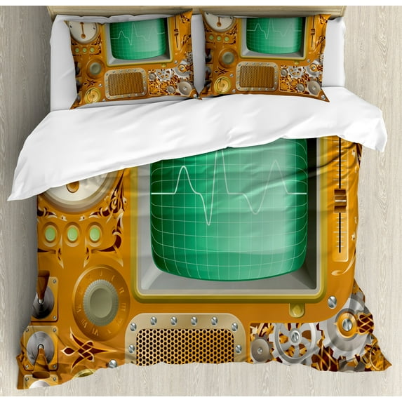 Ambesonne Retro Duvet Cover Sets, Grunge Steampunk Machine, 2-King, Orange Green Pale Grey