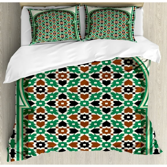Ambesonne Retro Duvet Cover Sets, Moroccan Arch with Floral, 2-King, Green and Brown