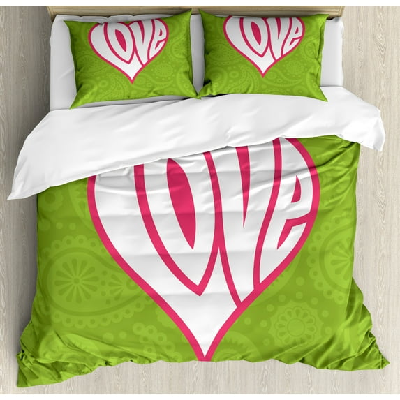 Ambesonne Retro Duvet Cover Sets, Paisley Love Nutrient, 2-King, Green White Pink