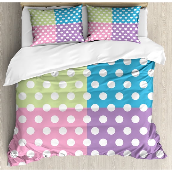 Ambesonne Retro Duvet Cover Sets, Polka Dots Patchwork, 2-King, Pink Blue Green