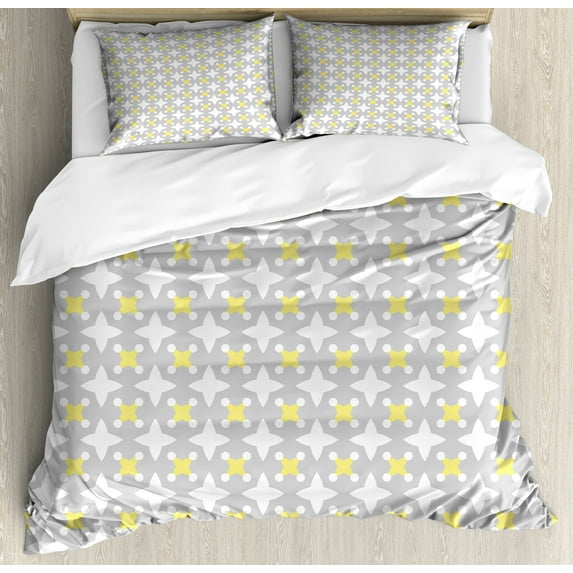 Ambesonne Retro Duvet Cover Sets, Star Shapes Dots, 2-Queen, Pale Yellow Warm Taupe
