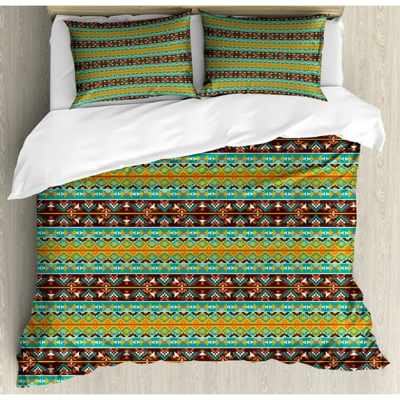 Ambesonne Retro Duvet Cover Sets, Tribal Art Pattern, 2-Queen, Brown Marigold Turquoise