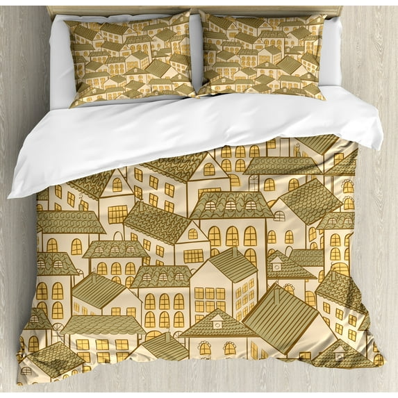 Ambesonne Retro Duvet Cover Sets, Village Town Houses Roofs, 2-King, Reseda Green Sand Brown