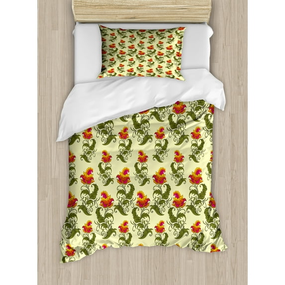 Ambesonne Retro Duvet Cover Sets, Vintage Oriental Flowers Art, 2-Twin, Pastel Green and Multicolor