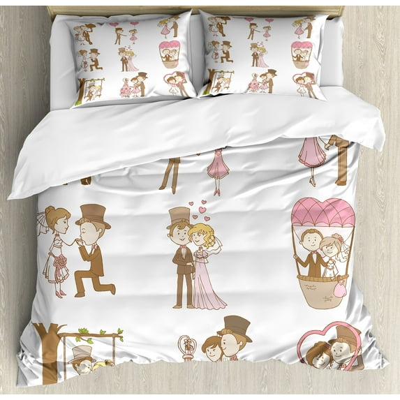 Ambesonne Retro Duvet Cover Sets, Wedding Set Bride Groom, 2-King, Brown Pink White