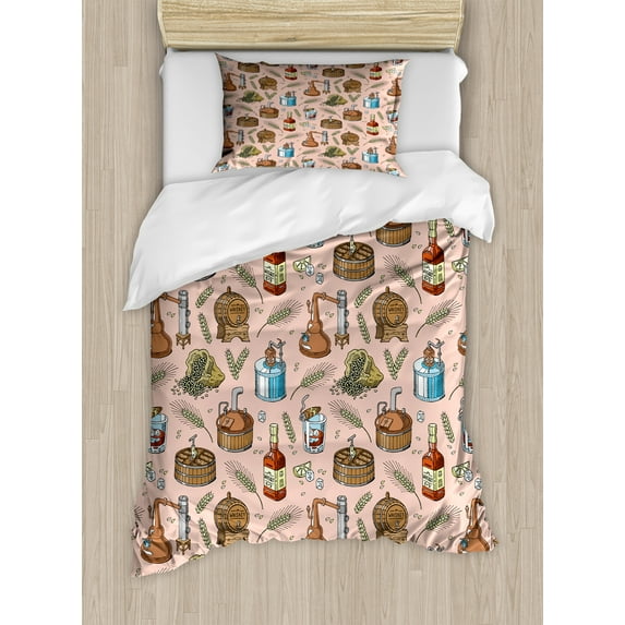 Ambesonne Retro Duvet Cover Sets, Whiskey Bourbon Theme Pattern, 2-Twin, Blush Multicolor