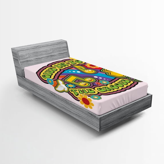 Ambesonne Retro Emoji Fitted Sheet, Groovy Hippie Artwork, Twin Size, Soft Pink Multicolor