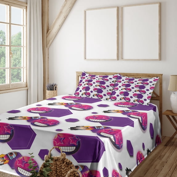 Ambesonne Retro Emoji Fitted & Top Sheet Set with Shams, Face Hexagon Vapor Wave, Quartz White Magenta