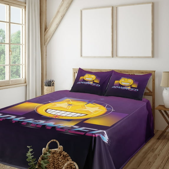 Ambesonne Retro Emoji Fitted & Top Sheet Set with Shams, Vapor Wave Starry Faces, Plum Purple Mustard