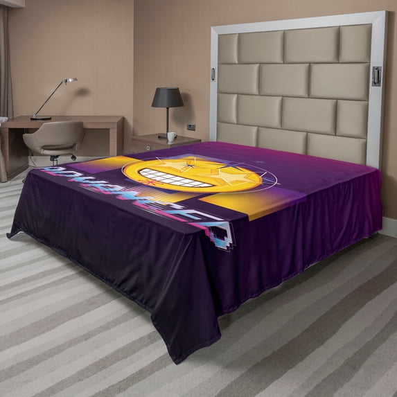 Ambesonne Retro Emoji Flat Sheet, Vapor Wave Starry Faces, California King, Plum Purple Mustard