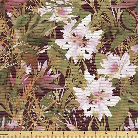 Ambesonne Retro Fabric by the Yard, Large Garden Flowers Pattern, 1 Yard, Olive Green Fawn Pink