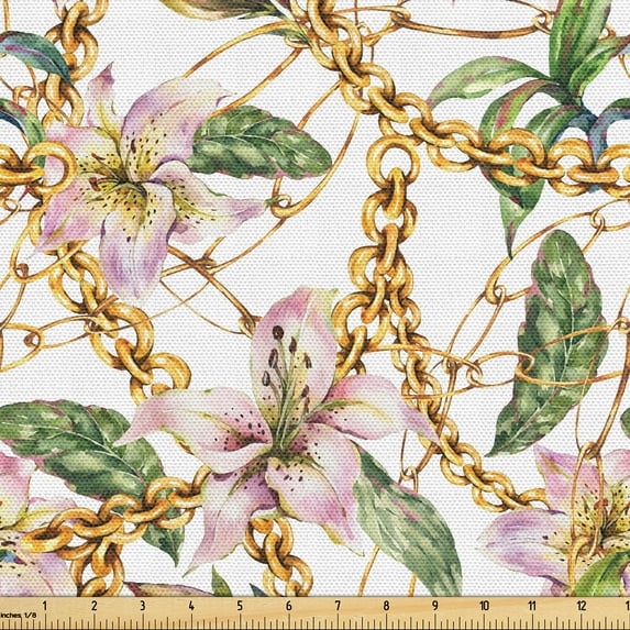 Ambesonne Retro Fabric by the Yard Upholstery, Lily Flowers Chain Look Print, 10 Yards, Blush Mustard Fern Green