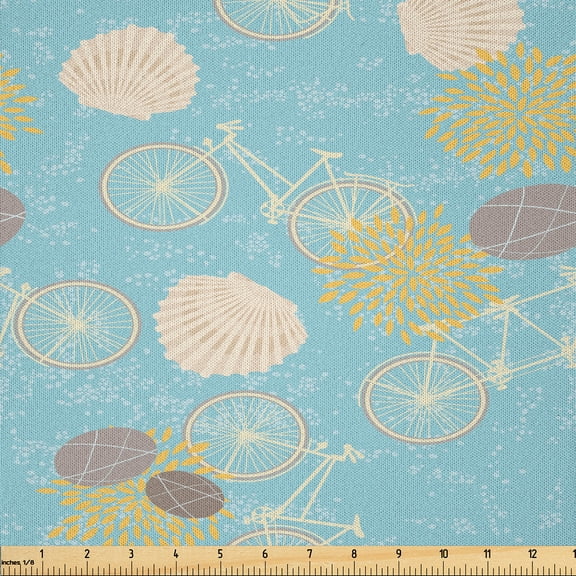 Ambesonne Retro Fabric by the Yard Microfiber, Bicycles Seashells Pebbles, 1 Yard, Pale Teal Mustard