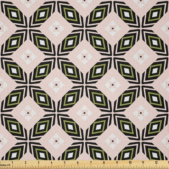 Ambesonne Retro Fabric by the Yard Microfiber, Geometric Flora Ornament Art, 5 Yards, Army Green and Pale Eggshell