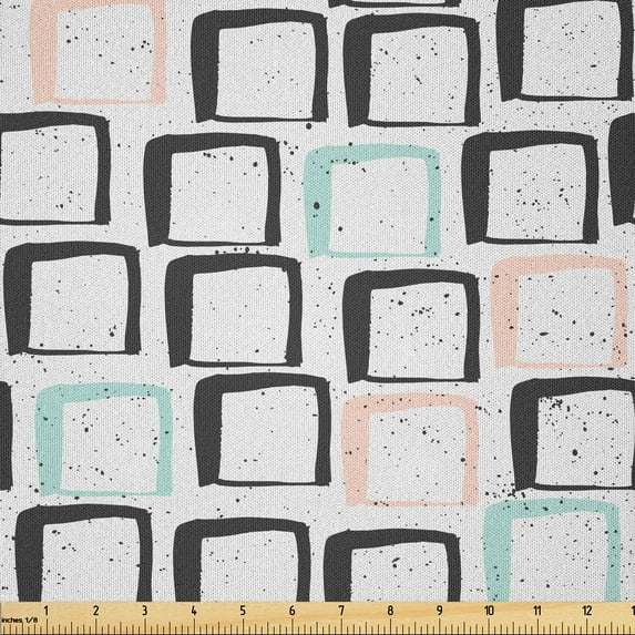 Ambesonne Retro Fabric by the Yard Microfiber, Memphis Vibes Squares Grunge, 5 Yards, Mint Green Rose and Dark Grey