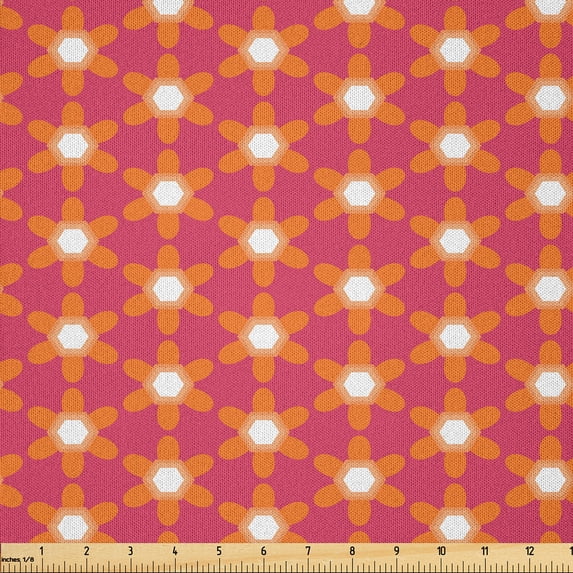 Ambesonne Retro Fabric by the Yard Microfiber, Repeating Floral Vintage Mesh, 3 Yards, Magenta and Marigold