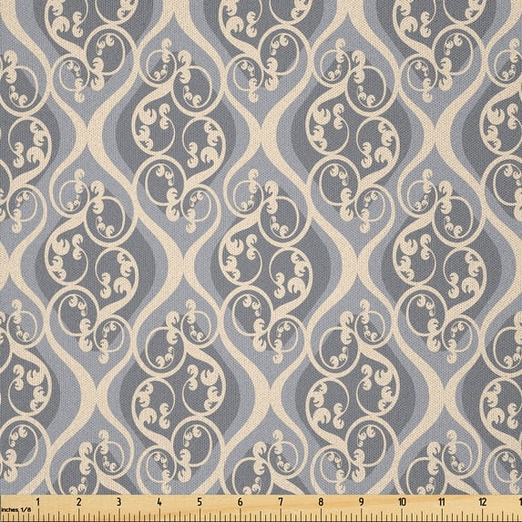 Ambesonne Retro Fabric by the Yard Microfiber, Swirls and Curlicues Damask, 2 Yards, Beige and Purpleblue
