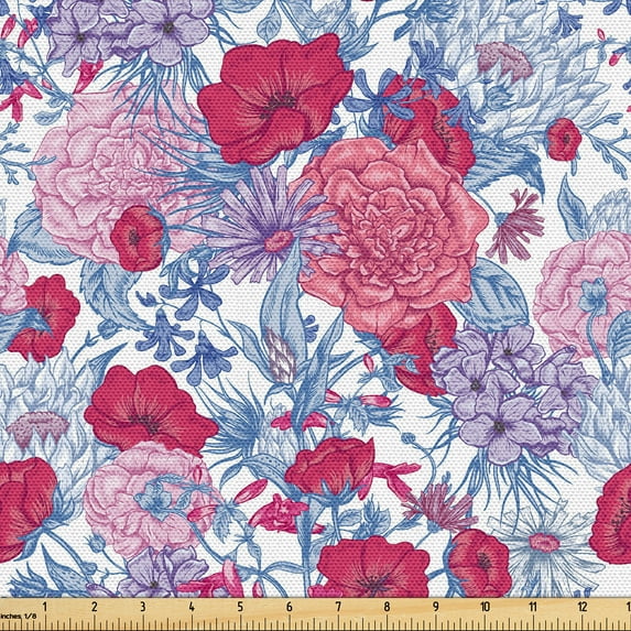 Ambesonne Retro Fabric by the Yard Upholstery, Roses Peonies Poppies Plot, 2 Yards, Dark Pink Sea Blue