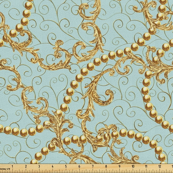 Ambesonne Retro Fabric by the Yard Upholstery, Swirly Floral Motifs Art Deco, 1 Yard, Pale Blue and Mustard