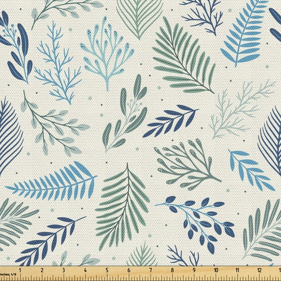 Ambesonne Retro Fabric by the Yard Upholstery, Abstract Dots Branches Leaves, 3 Yards, Deep Sky Blue and Pale Teal