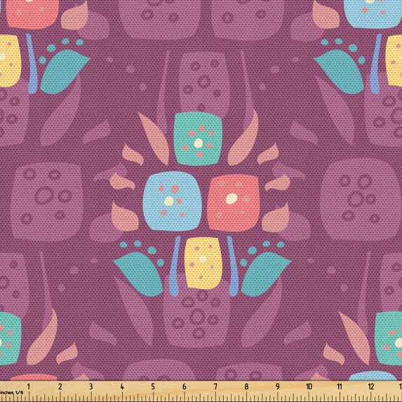 Ambesonne Retro Fabric by the Yard Upholstery, Abstract Flora-Like Motifs, 5 Yards, Dried Rose and Pastel Brown