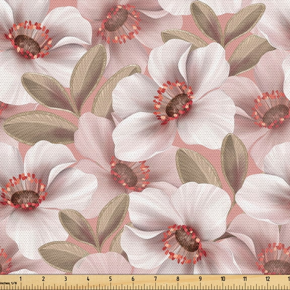 Ambesonne Retro Fabric by the Yard Upholstery, Anemone Flowers Nature Art, 1 Yard, Blush Dark Tan and Taupe