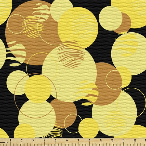 Ambesonne Retro Fabric by the Yard Upholstery, Circles Stripes on Dark Back, 3 Yards, Mustard Pastel Yellow