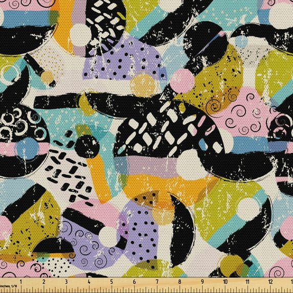 Ambesonne Retro Fabric by the Yard Upholstery, Circles Swirly Lines Dots Art, 5 Yards, Dark Yellow and Pale Sepia