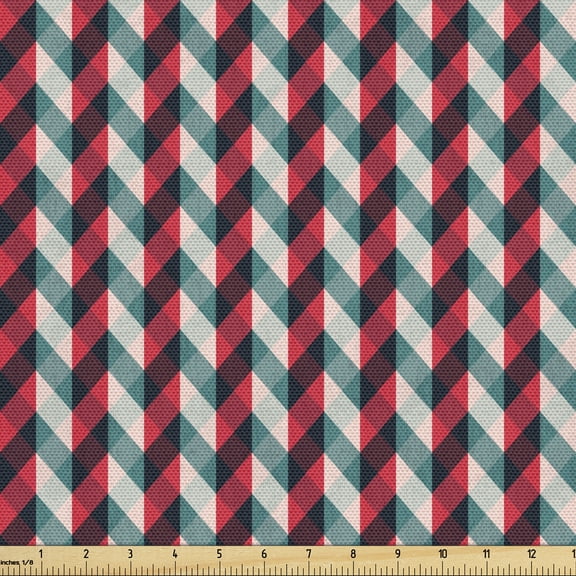 Ambesonne Retro Fabric by the Yard Upholstery, Country Style Checkered, 1 Yard, Dark Coral Teal Beige