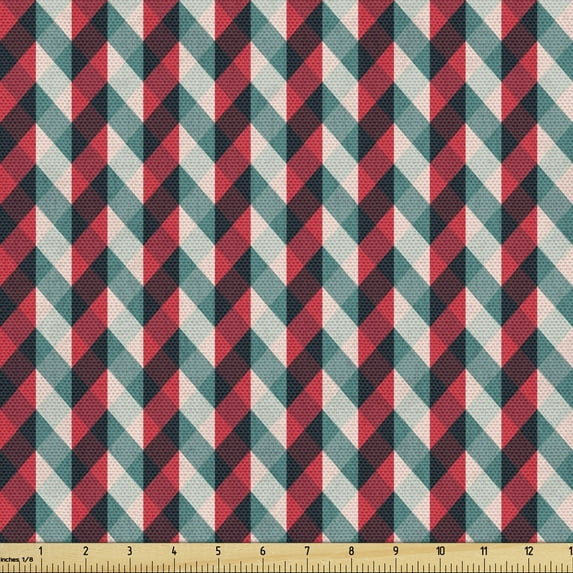 Ambesonne Retro Fabric by the Yard Upholstery, Country Style Checkered, 1 Yard, Dark Coral Teal Beige