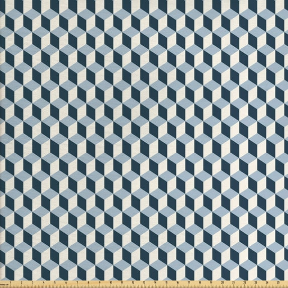 Ambesonne Retro Fabric by the Yard Upholstery, Cubes Squares 3D Style, 2 Yards, Blue Pale Blue White