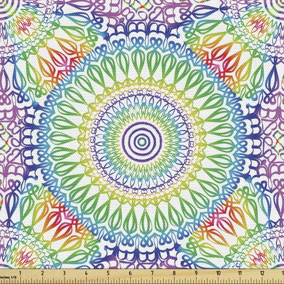 Ambesonne Retro Fabric by the Yard Upholstery, Hippie Ethnic Rainbow Mandala, 3 Yards, Multicolor