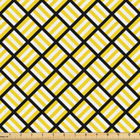 Ambesonne Retro Fabric by the Yard Upholstery, Lines Squares Abstract Plot, 1 Yard, Yellow and Charcoal Grey